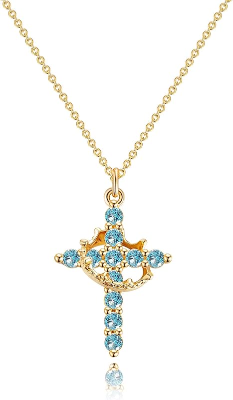 Perfect Gifts for Women – 14K Gold & Silver Plated Crown Cross Necklace, Enhanced Sparkle & Non-Tarnish Faith Jewelry with 12-Color Zircon Birthstones, Birthday & Christmas Gifts