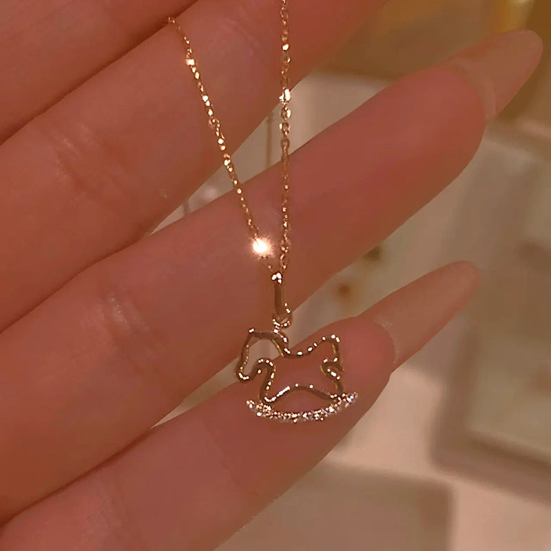 Fairy Tale Little Wooden Horse Necklace for Women, Summer Cute Artistic Creative Collarbone Chain, Petite Playful Stainless Steel Pendant Trend