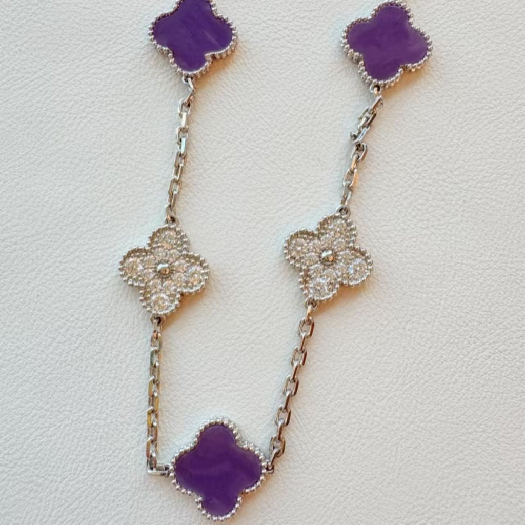 High Version Full Diamond Mother-of-Pearl Laser Five-Flower Bracelet Lucky Four-Leaf Clover Bracelet Electroplated Thickened Van Family Bracelet Wholesale