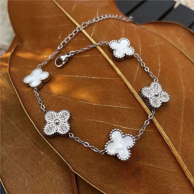 High Version Full Diamond Mother-of-Pearl Laser Five-Flower Bracelet Lucky Four-Leaf Clover Bracelet Electroplated Thickened Van Family Bracelet Wholesale