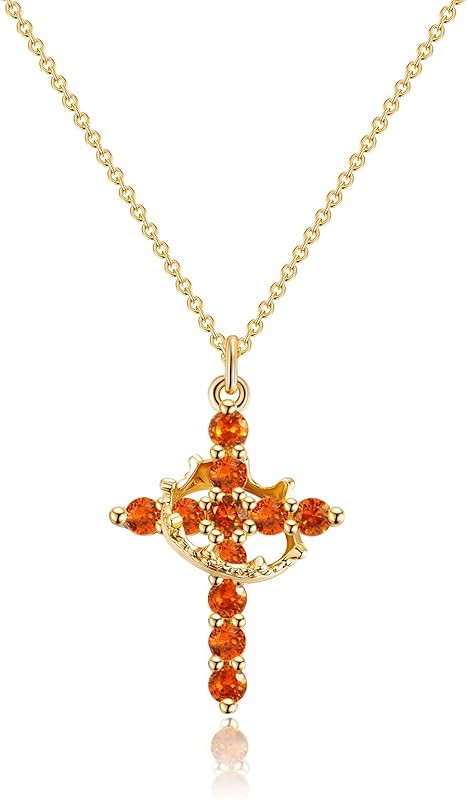 Perfect Gifts for Women – 14K Gold & Silver Plated Crown Cross Necklace, Enhanced Sparkle & Non-Tarnish Faith Jewelry with 12-Color Zircon Birthstones, Birthday & Christmas Gifts