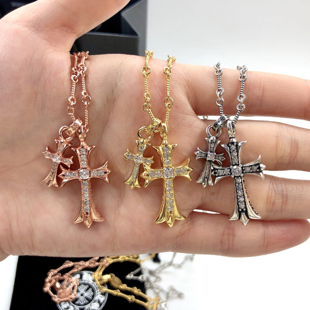Crow Cross Necklace Double Pendant Necklace European and American Couple Full Diamond Double Pendant Jewelry Fashion