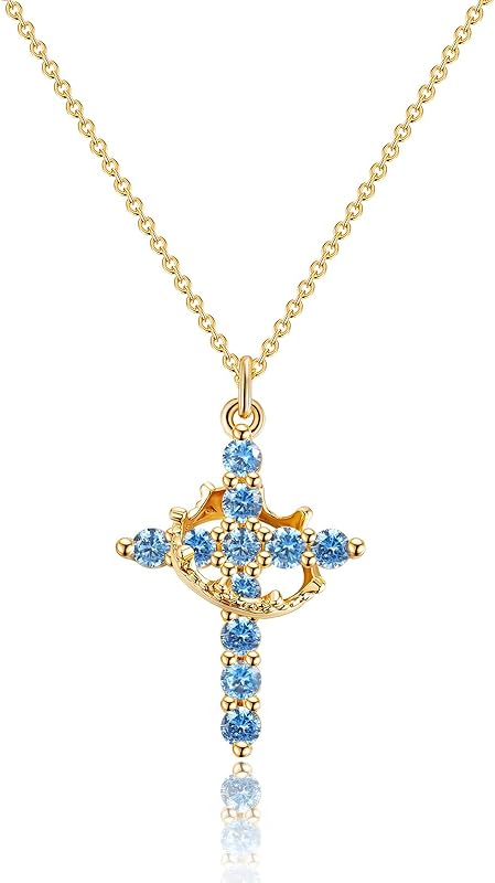 Perfect Gifts for Women – 14K Gold & Silver Plated Crown Cross Necklace, Enhanced Sparkle & Non-Tarnish Faith Jewelry with 12-Color Zircon Birthstones, Birthday & Christmas Gifts