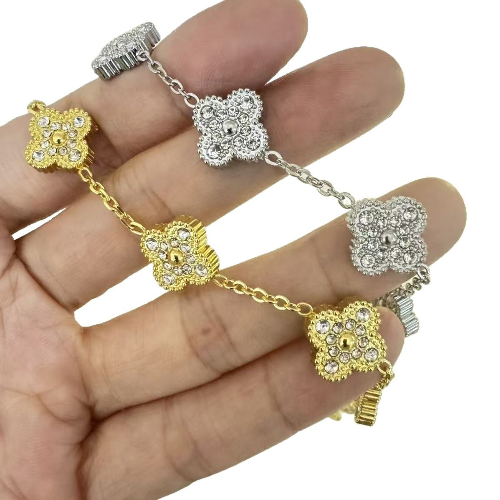 High Version Full Diamond Mother-of-Pearl Laser Five-Flower Bracelet Lucky Four-Leaf Clover Bracelet Electroplated Thickened Van Family Bracelet Wholesale