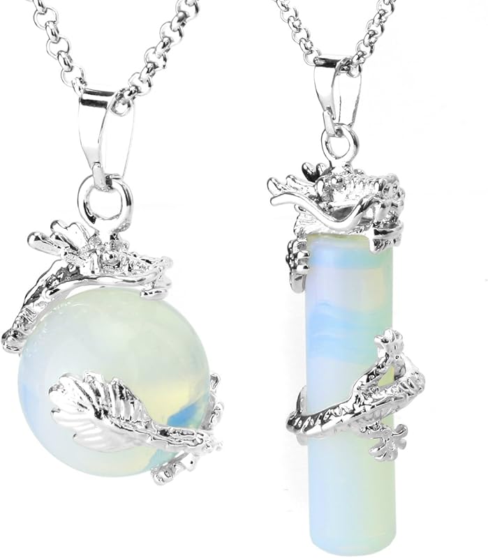 BEADNOVA 2pcs Dragon Wrapped Round Ball Cylinder Gemstone Necklace Crystal Healing Couple Pendant Necklaces Set