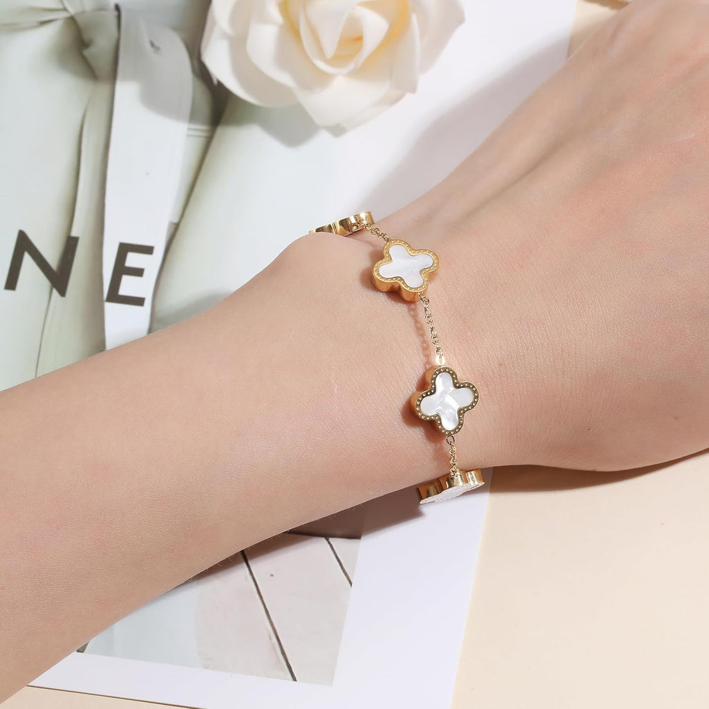 18K Gold Plated Clover Bracelet Set for Women Fashion Simple Four Leaf Lucky Flower Bracelets Jewelry Gifts for Women 3Pcs
