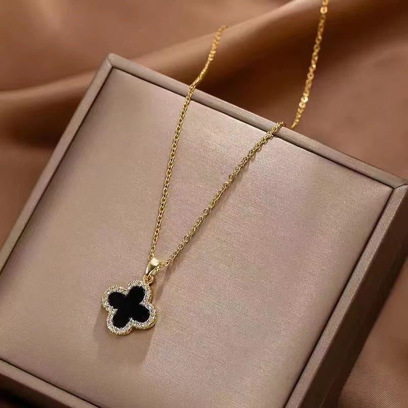 Double-Sided Four-Leaf Clover Titanium Steel Light Luxury Wholesale Jewelry Full Diamond Collarbone Chain for Women Simple Versatile Neck Chain Non-Fading Necklace