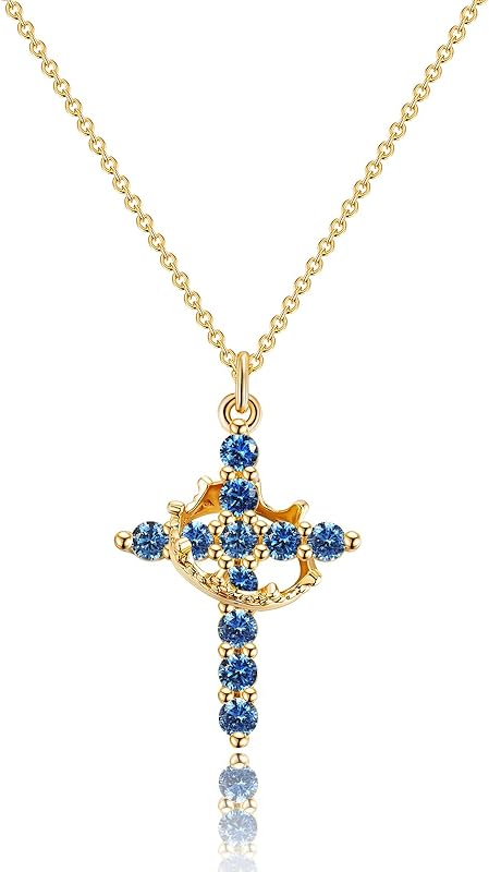 Perfect Gifts for Women – 14K Gold & Silver Plated Crown Cross Necklace, Enhanced Sparkle & Non-Tarnish Faith Jewelry with 12-Color Zircon Birthstones, Birthday & Christmas Gifts