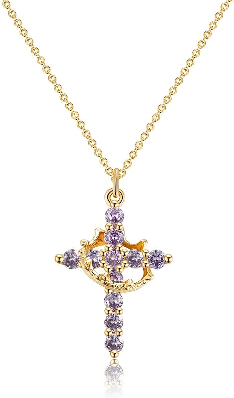 Perfect Gifts for Women – 14K Gold & Silver Plated Crown Cross Necklace, Enhanced Sparkle & Non-Tarnish Faith Jewelry with 12-Color Zircon Birthstones, Birthday & Christmas Gifts