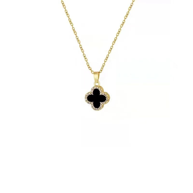 Double-Sided Four-Leaf Clover Titanium Steel Light Luxury Wholesale Jewelry Full Diamond Collarbone Chain for Women Simple Versatile Neck Chain Non-Fading Necklace