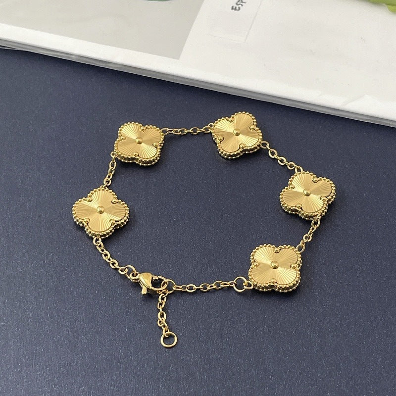 High Version Full Diamond Mother-of-Pearl Laser Five-Flower Bracelet Lucky Four-Leaf Clover Bracelet Electroplated Thickened Van Family Bracelet Wholesale