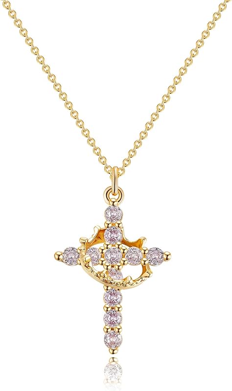 Perfect Gifts for Women – 14K Gold & Silver Plated Crown Cross Necklace, Enhanced Sparkle & Non-Tarnish Faith Jewelry with 12-Color Zircon Birthstones, Birthday & Christmas Gifts