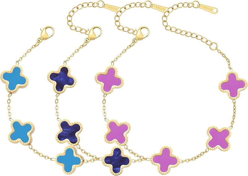 18K Gold Plated Clover Bracelet Set for Women Fashion Simple Four Leaf Lucky Flower Bracelets Jewelry Gifts for Women 3Pcs