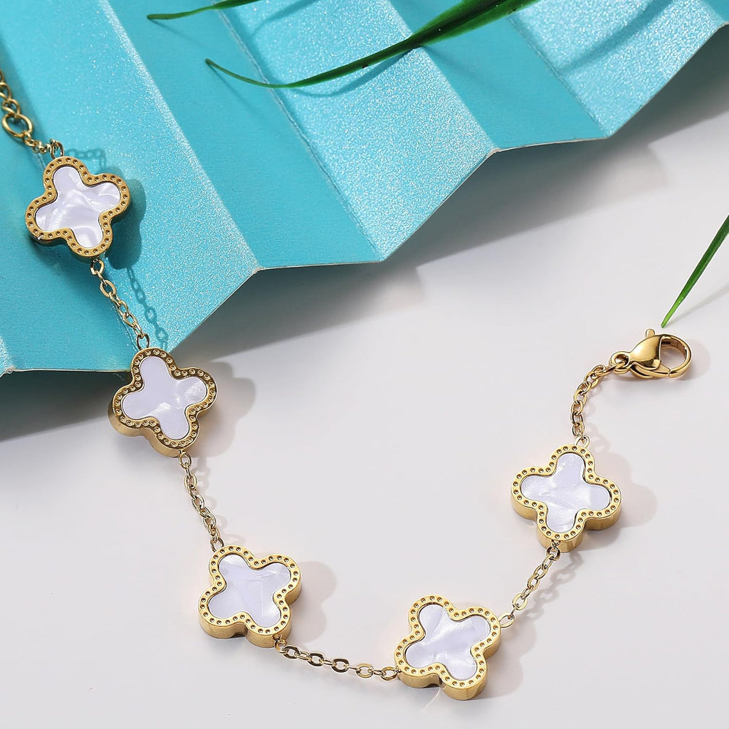 18K Gold Plated Clover Bracelet Set for Women Fashion Simple Four Leaf Lucky Flower Bracelets Jewelry Gifts for Women 3Pcs