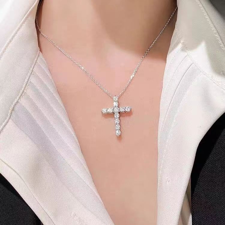 Cross-Border Live Streaming Super Shiny Ten Hearts Ten Arrows Cross Pendant Collarbone Chain for Women Full Diamond Heavy Craft Hip-Hop Style Cross Necklace