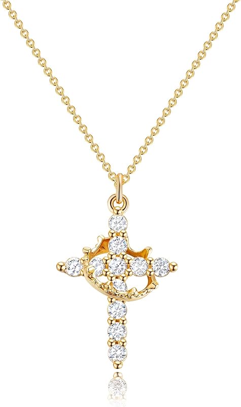 Perfect Gifts for Women – 14K Gold & Silver Plated Crown Cross Necklace, Enhanced Sparkle & Non-Tarnish Faith Jewelry with 12-Color Zircon Birthstones, Birthday & Christmas Gifts