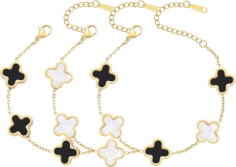 18K Gold Plated Clover Bracelet Set for Women Fashion Simple Four Leaf Lucky Flower Bracelets Jewelry Gifts for Women 3Pcs