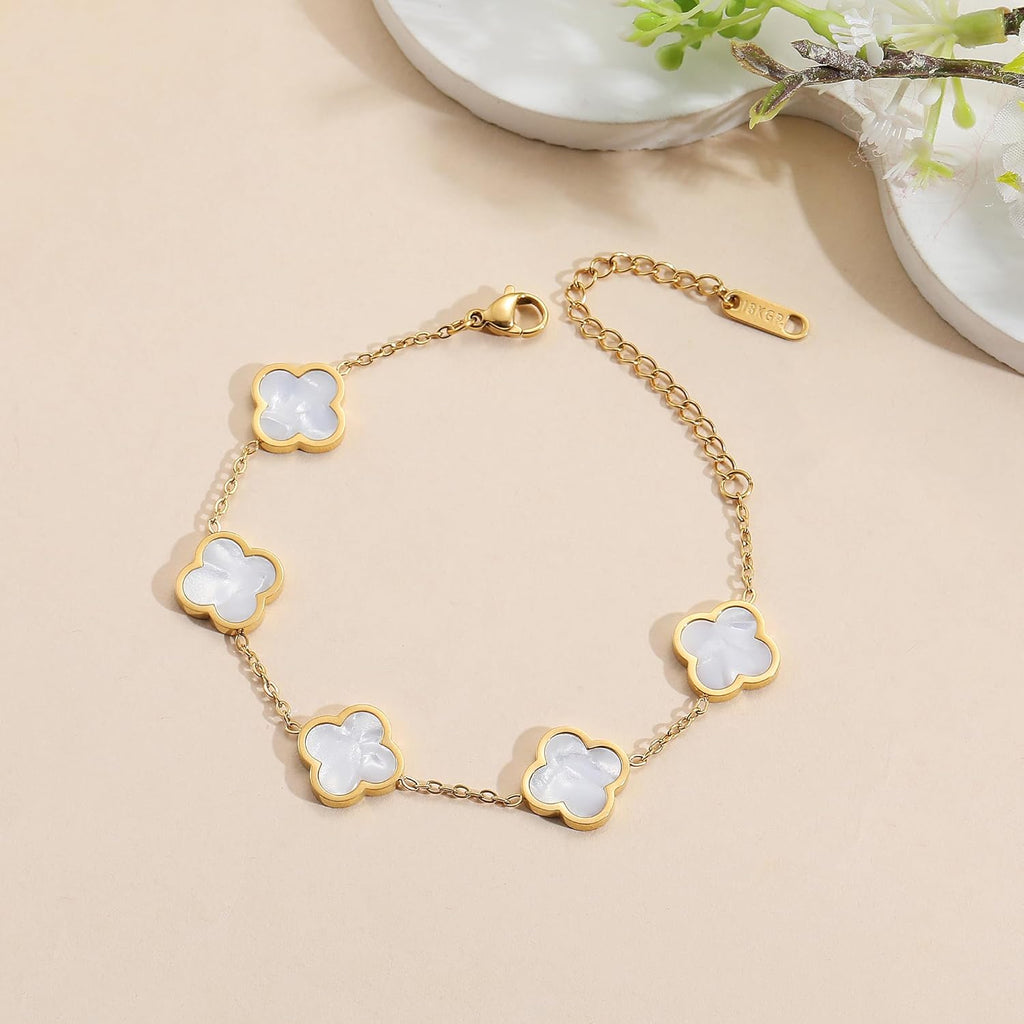 18K Gold Plated Clover Lucky Bracelet for Women White/Black/Red/Green Flower Four Leaf Link Bracelets Trendy Jewelry Gifts for Women