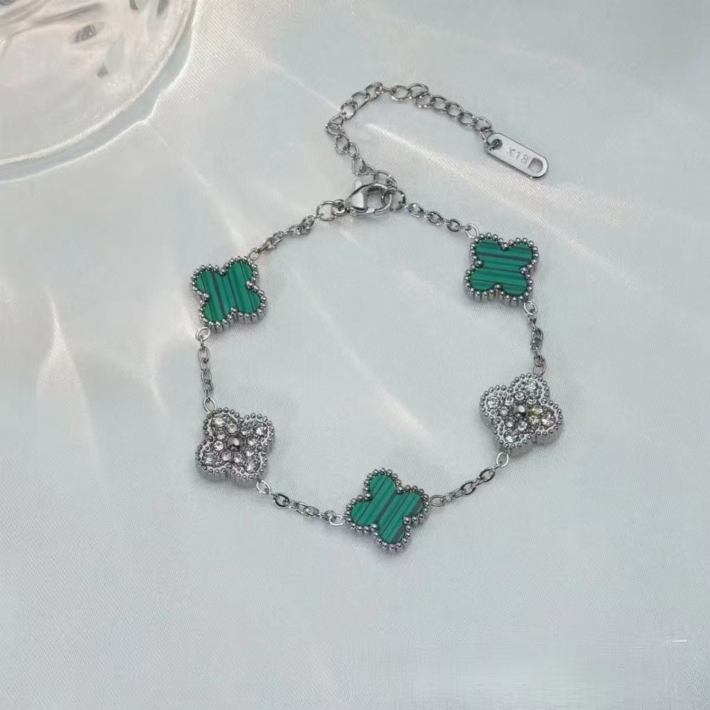 High Version Full Diamond Mother-of-Pearl Laser Five-Flower Bracelet Lucky Four-Leaf Clover Bracelet Electroplated Thickened Van Family Bracelet Wholesale