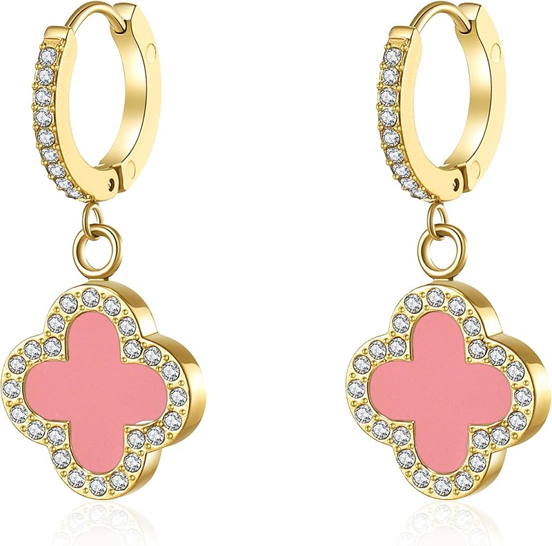 Clover Earrings for Women 18K Gold Plated Four Leaf Clover Hoop Earrings Simple Lucky Drop Jewelry Gifts for Women