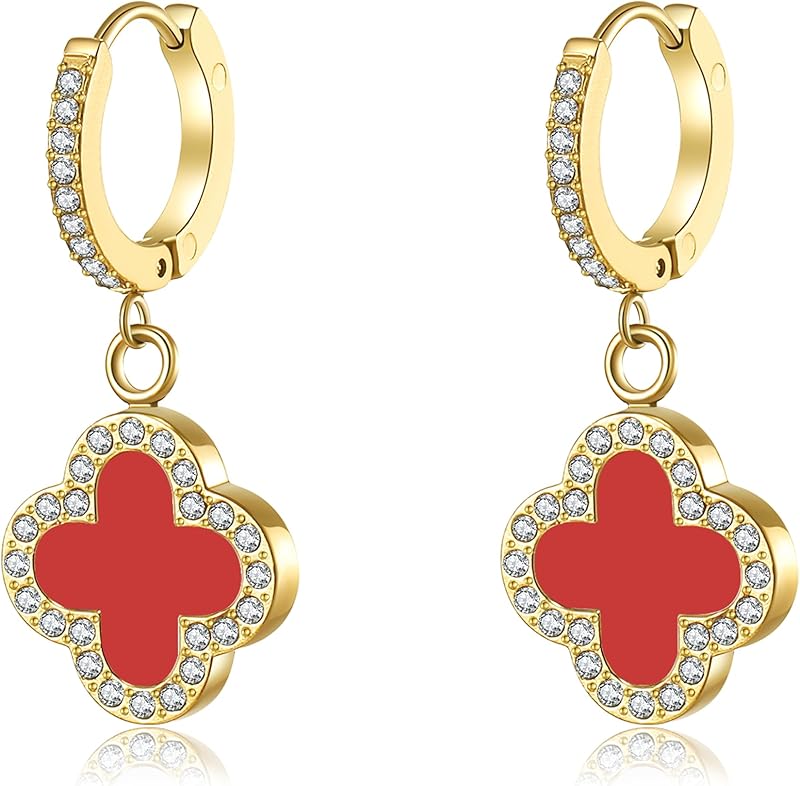 Clover Earrings for Women 18K Gold Plated Four Leaf Clover Hoop Earrings Simple Lucky Drop Jewelry Gifts for Women