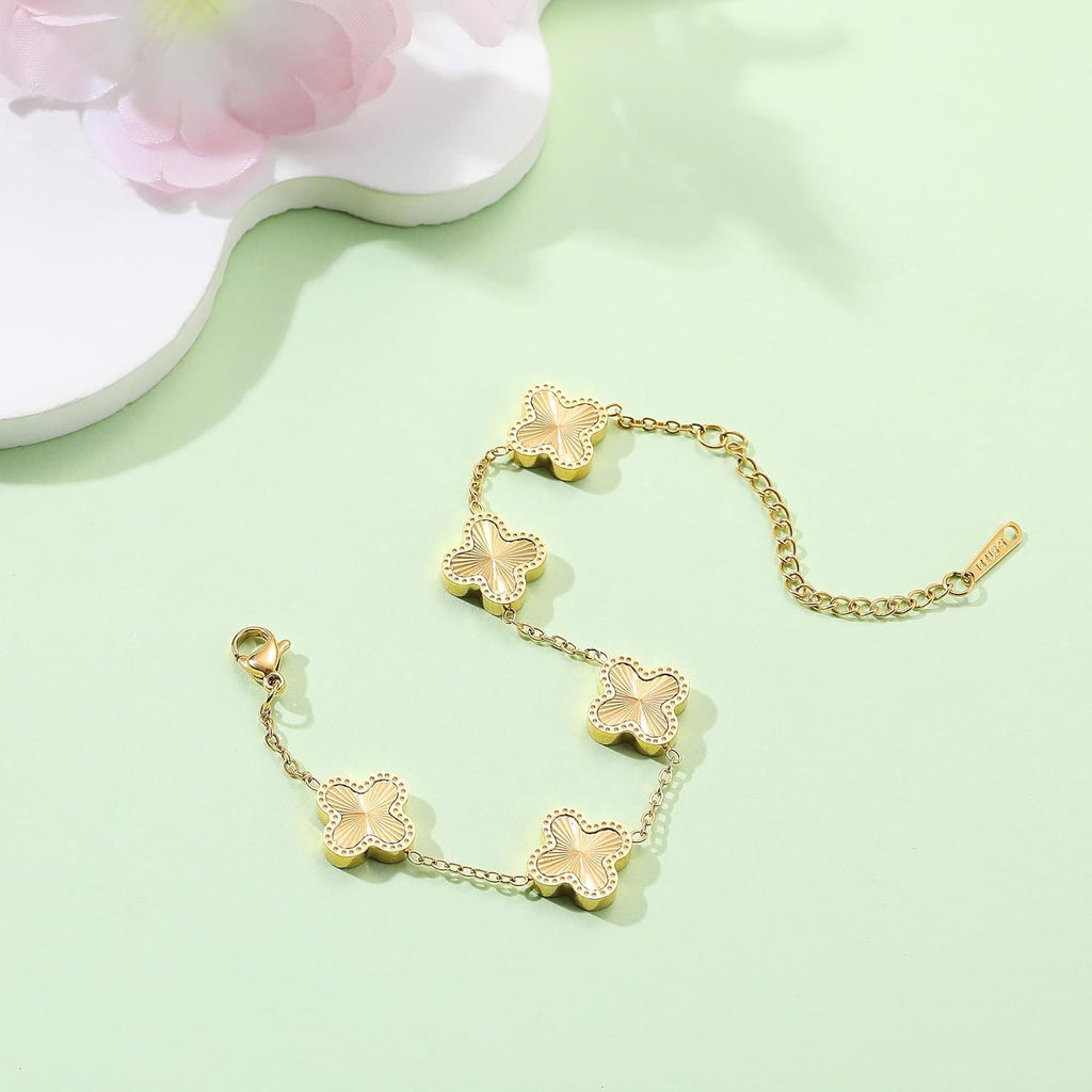 18K Gold Plated Clover Bracelet Dupes Gold Lucky Bracelet for Women Flower Four Leaf Bracelets Danity Jewelry Gifts for Women