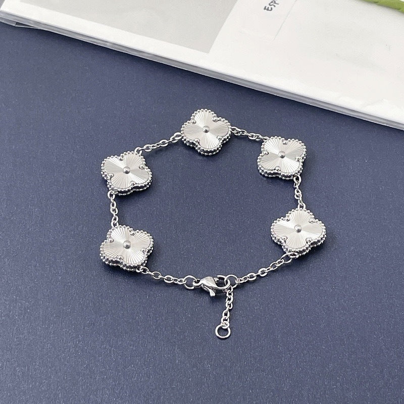 High Version Full Diamond Mother-of-Pearl Laser Five-Flower Bracelet Lucky Four-Leaf Clover Bracelet Electroplated Thickened Van Family Bracelet Wholesale