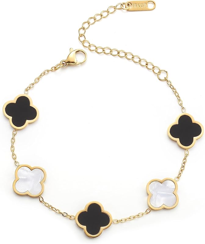 18K Gold Plated Clover Lucky Bracelet for Women White/Black/Red/Green Flower Four Leaf Link Bracelets Trendy Jewelry Gifts for Women