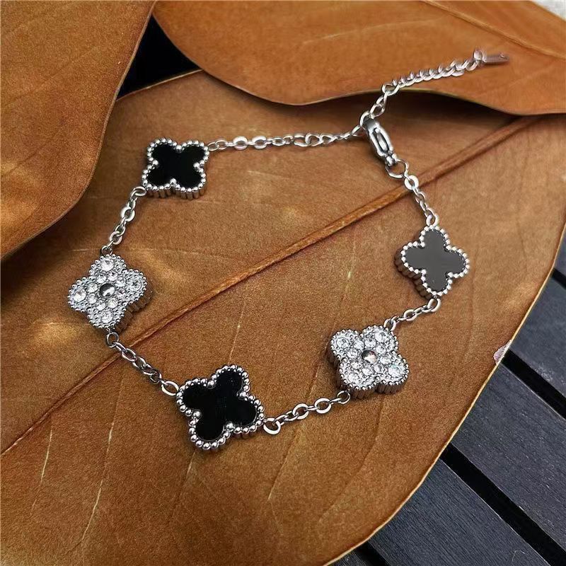 High Version Full Diamond Mother-of-Pearl Laser Five-Flower Bracelet Lucky Four-Leaf Clover Bracelet Electroplated Thickened Van Family Bracelet Wholesale
