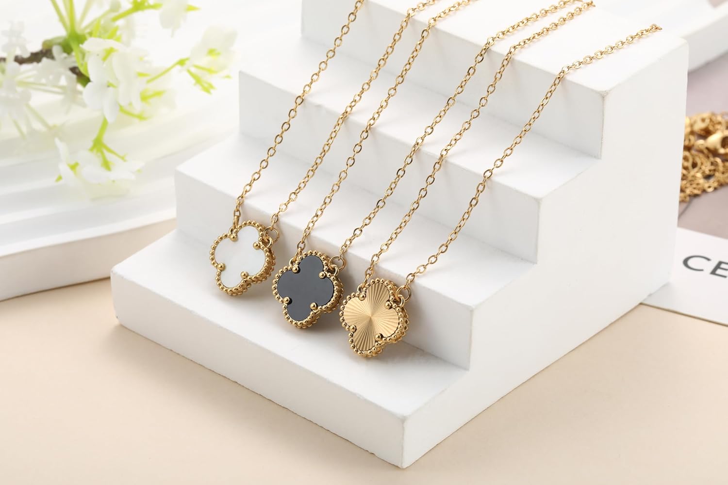 Clover Pendant Necklace Set for Women 18K Gold Plated Four Leaf Clover Necklace Lucky Simple Jewelry Gifts for Women 3Pcs