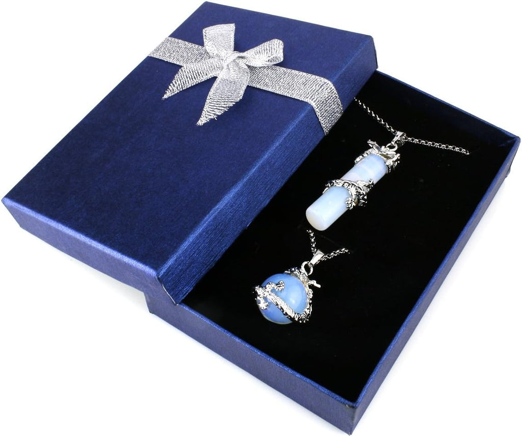 BEADNOVA 2pcs Dragon Wrapped Round Ball Cylinder Gemstone Necklace Crystal Healing Couple Pendant Necklaces Set