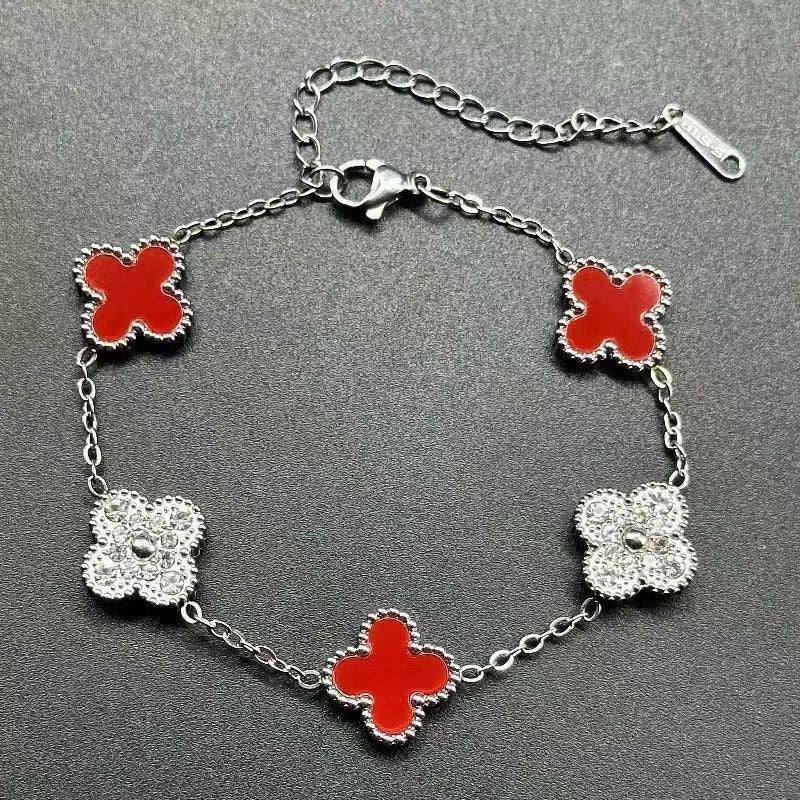 High Version Full Diamond Mother-of-Pearl Laser Five-Flower Bracelet Lucky Four-Leaf Clover Bracelet Electroplated Thickened Van Family Bracelet Wholesale