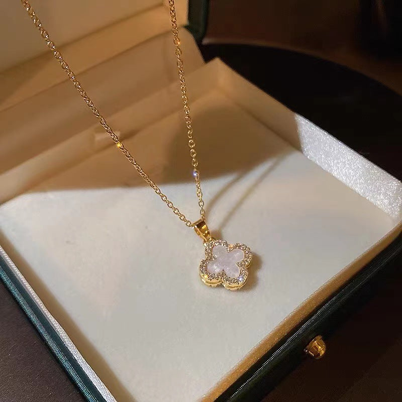 Double-Sided Four-Leaf Clover Titanium Steel Light Luxury Wholesale Jewelry Full Diamond Collarbone Chain for Women Simple Versatile Neck Chain Non-Fading Necklace