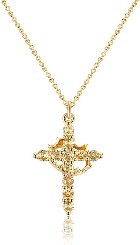 Perfect Gifts for Women – 14K Gold & Silver Plated Crown Cross Necklace, Enhanced Sparkle & Non-Tarnish Faith Jewelry with 12-Color Zircon Birthstones, Birthday & Christmas Gifts