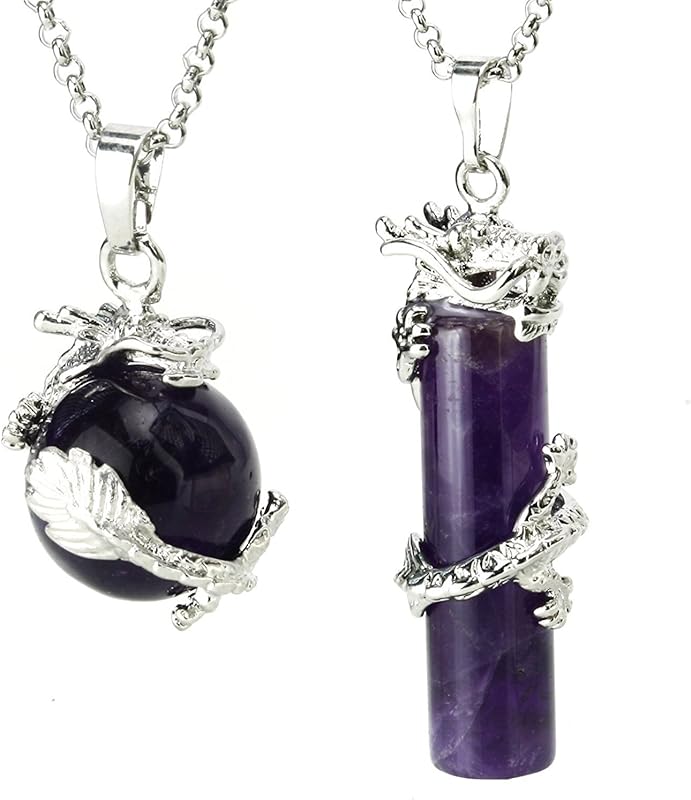 BEADNOVA 2pcs Dragon Wrapped Round Ball Cylinder Gemstone Necklace Crystal Healing Couple Pendant Necklaces Set