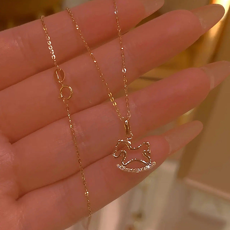 Fairy Tale Little Wooden Horse Necklace for Women, Summer Cute Artistic Creative Collarbone Chain, Petite Playful Stainless Steel Pendant Trend