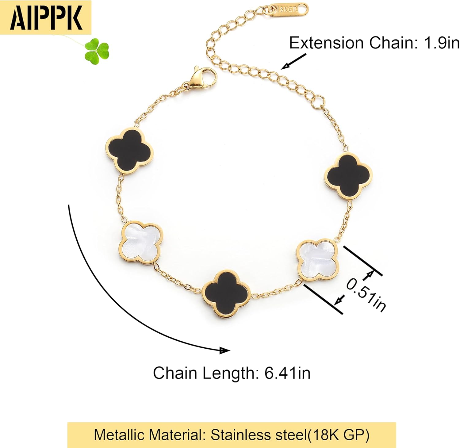 18K Gold Plated Clover Lucky Bracelet for Women White/Black/Red/Green Flower Four Leaf Link Bracelets Trendy Jewelry Gifts for Women