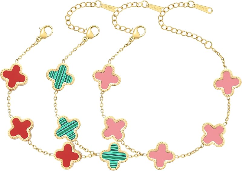 18K Gold Plated Clover Bracelet Set for Women Fashion Simple Four Leaf Lucky Flower Bracelets Jewelry Gifts for Women 3Pcs