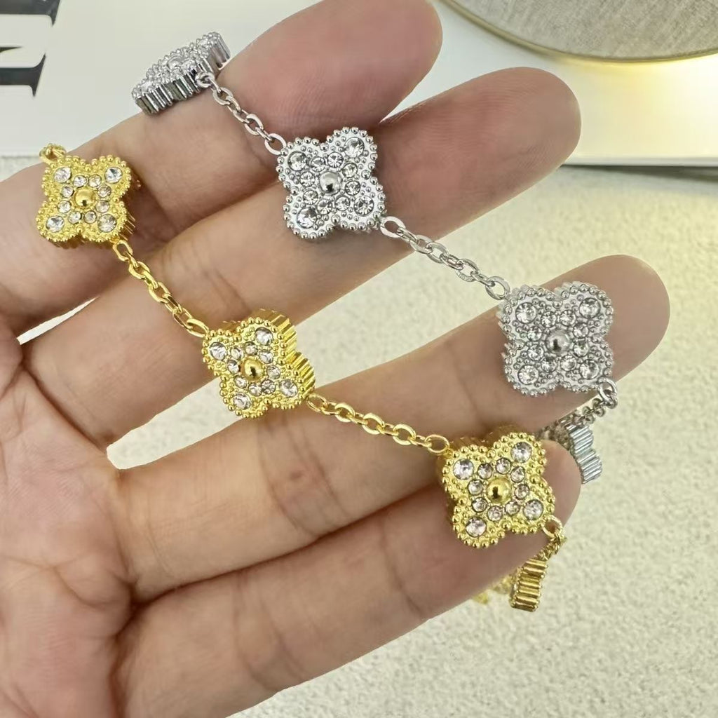 High Version Full Diamond Mother-of-Pearl Laser Five-Flower Bracelet Lucky Four-Leaf Clover Bracelet Electroplated Thickened Van Family Bracelet Wholesale