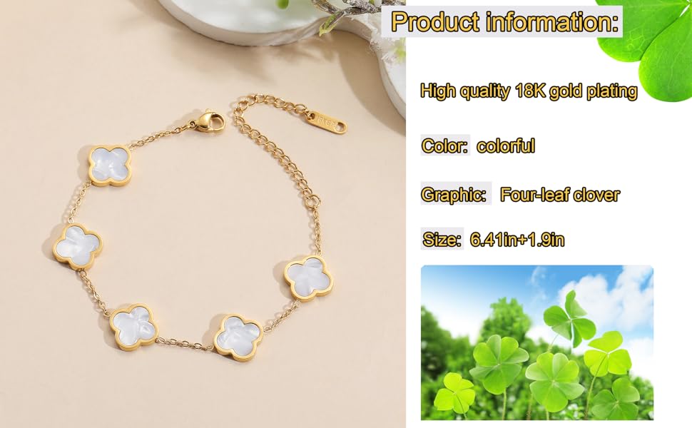 18K Gold Plated Clover Lucky Bracelet for Women White/Black/Red/Green Flower Four Leaf Link Bracelets Trendy Jewelry Gifts for Women