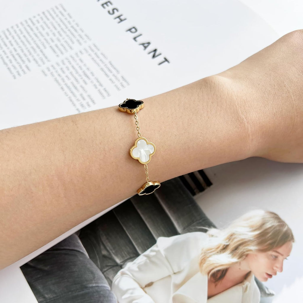 18K Gold Plated Clover Lucky Bracelet for Women White/Black/Red/Green Flower Four Leaf Link Bracelets Trendy Jewelry Gifts for Women