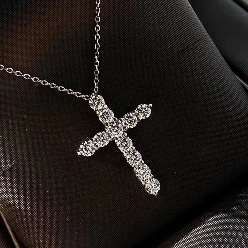 Cross-Border Live Streaming Super Shiny Ten Hearts Ten Arrows Cross Pendant Collarbone Chain for Women Full Diamond Heavy Craft Hip-Hop Style Cross Necklace