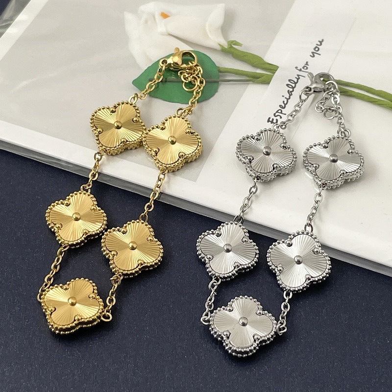 High Version Full Diamond Mother-of-Pearl Laser Five-Flower Bracelet Lucky Four-Leaf Clover Bracelet Electroplated Thickened Van Family Bracelet Wholesale