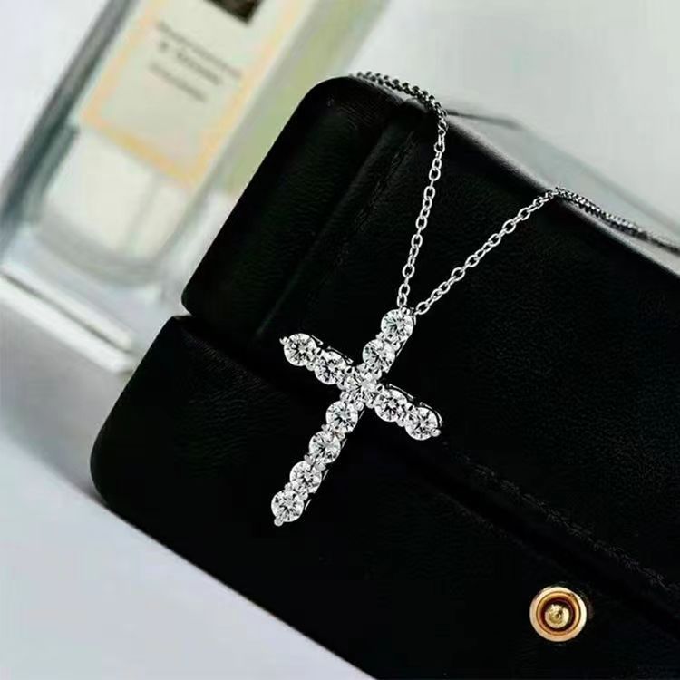 Cross-Border Live Streaming Super Shiny Ten Hearts Ten Arrows Cross Pendant Collarbone Chain for Women Full Diamond Heavy Craft Hip-Hop Style Cross Necklace