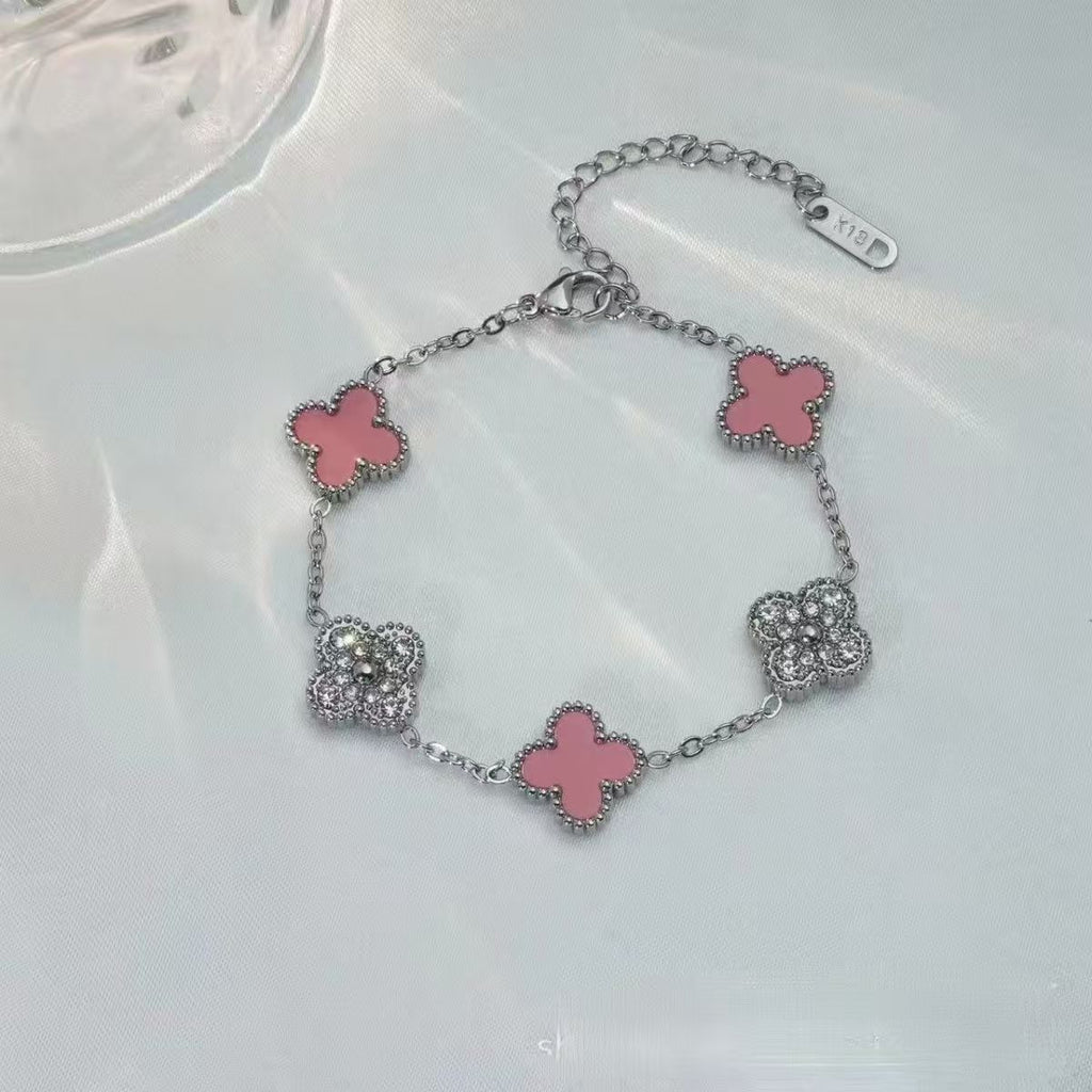 High Version Full Diamond Mother-of-Pearl Laser Five-Flower Bracelet Lucky Four-Leaf Clover Bracelet Electroplated Thickened Van Family Bracelet Wholesale