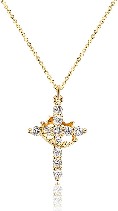 Perfect Gifts for Women – 14K Gold & Silver Plated Crown Cross Necklace, Enhanced Sparkle & Non-Tarnish Faith Jewelry with 12-Color Zircon Birthstones, Birthday & Christmas Gifts