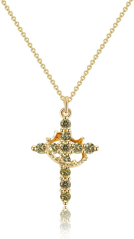 Perfect Gifts for Women – 14K Gold & Silver Plated Crown Cross Necklace, Enhanced Sparkle & Non-Tarnish Faith Jewelry with 12-Color Zircon Birthstones, Birthday & Christmas Gifts