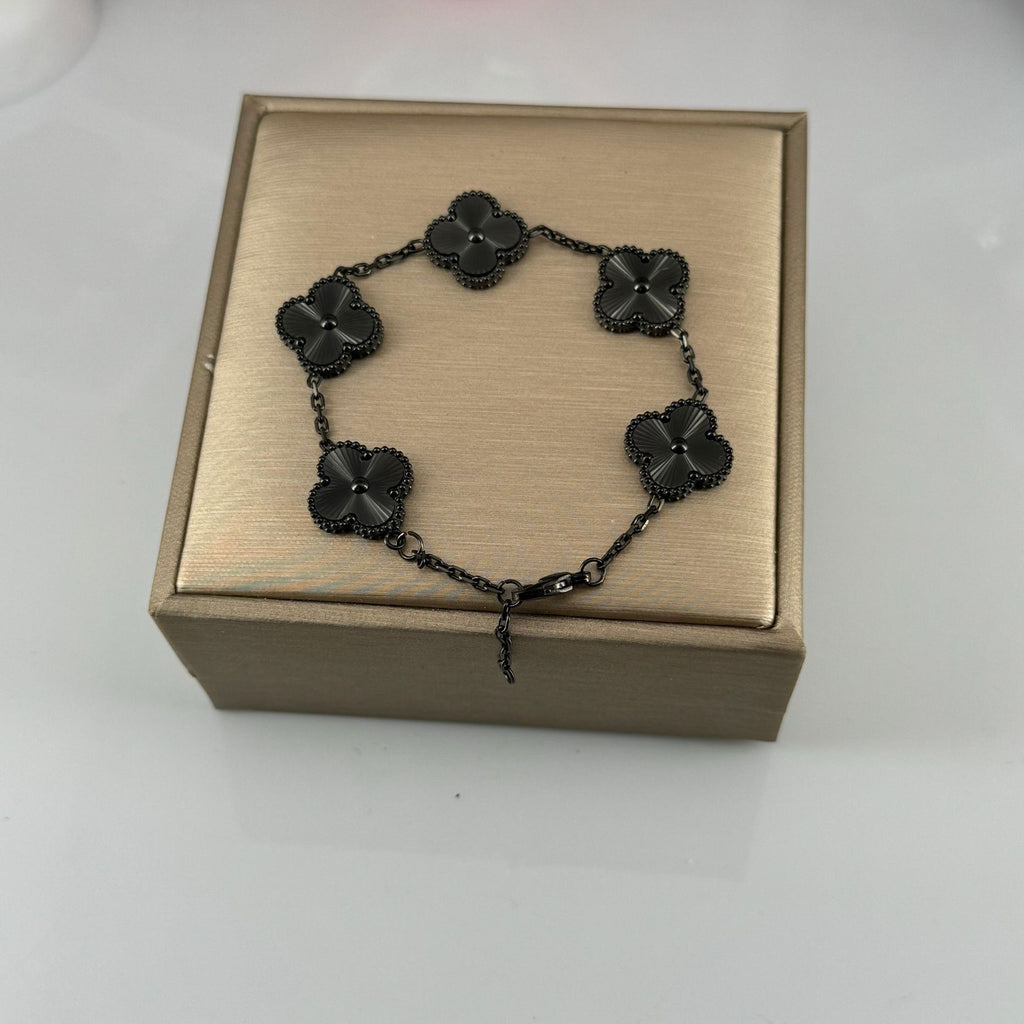 High Version Full Diamond Mother-of-Pearl Laser Five-Flower Bracelet Lucky Four-Leaf Clover Bracelet Electroplated Thickened Van Family Bracelet Wholesale