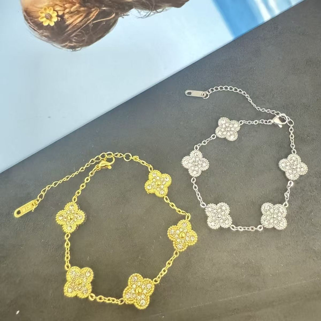 High Version Full Diamond Mother-of-Pearl Laser Five-Flower Bracelet Lucky Four-Leaf Clover Bracelet Electroplated Thickened Van Family Bracelet Wholesale